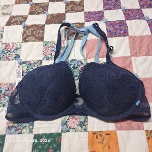 Victoria Seceret Push Up Navy Blue Front Close Lace Bra Size 34B Strappy Back